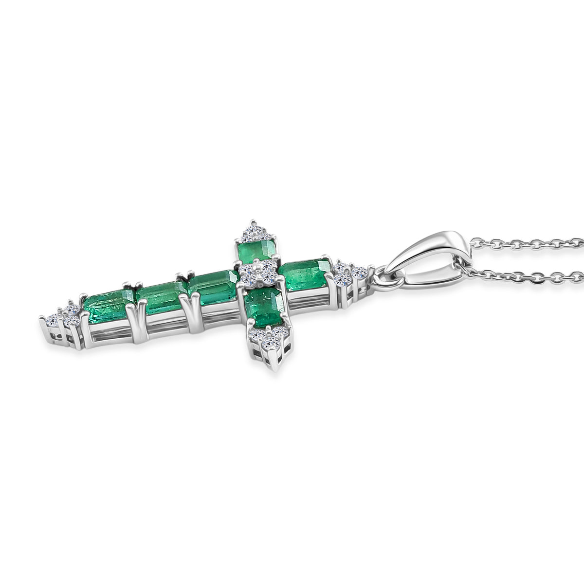 Luxuriant - Premium AAA Zambian Emerald &amp; Lab Grown Diamond (SI/G-H) Cross Pendant with Chain (Size 20) in Rhodium Overlay Sterling Silver 1.50 Ct. 4477612 3