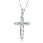 Luxuriant - Premium AAA Zambian Emerald & Lab Grown Diamond (SI/G-H) Cross Pendant with Chain (Size 20) in Rhodium Overlay Sterling Silver 1.50 Ct._4477612_4