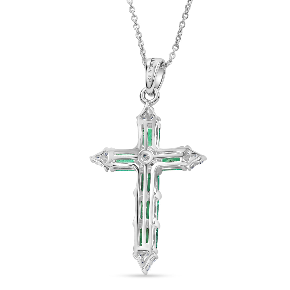 Luxuriant - Premium AAA Zambian Emerald &amp; Lab Grown Diamond (SI/G-H) Cross Pendant with Chain (Size 20) in Rhodium Overlay Sterling Silver 1.50 Ct. 4477612 4