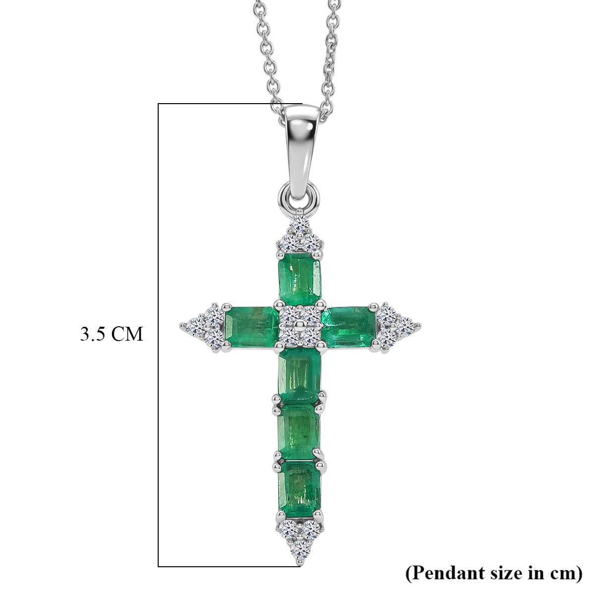 Luxuriant - Premium AAA Zambian Emerald &amp; Lab Grown Diamond (SI/G-H) Cross Pendant with Chain (Size 20) in Rhodium Overlay Sterling Silver 1.50 Ct. 4477612 5