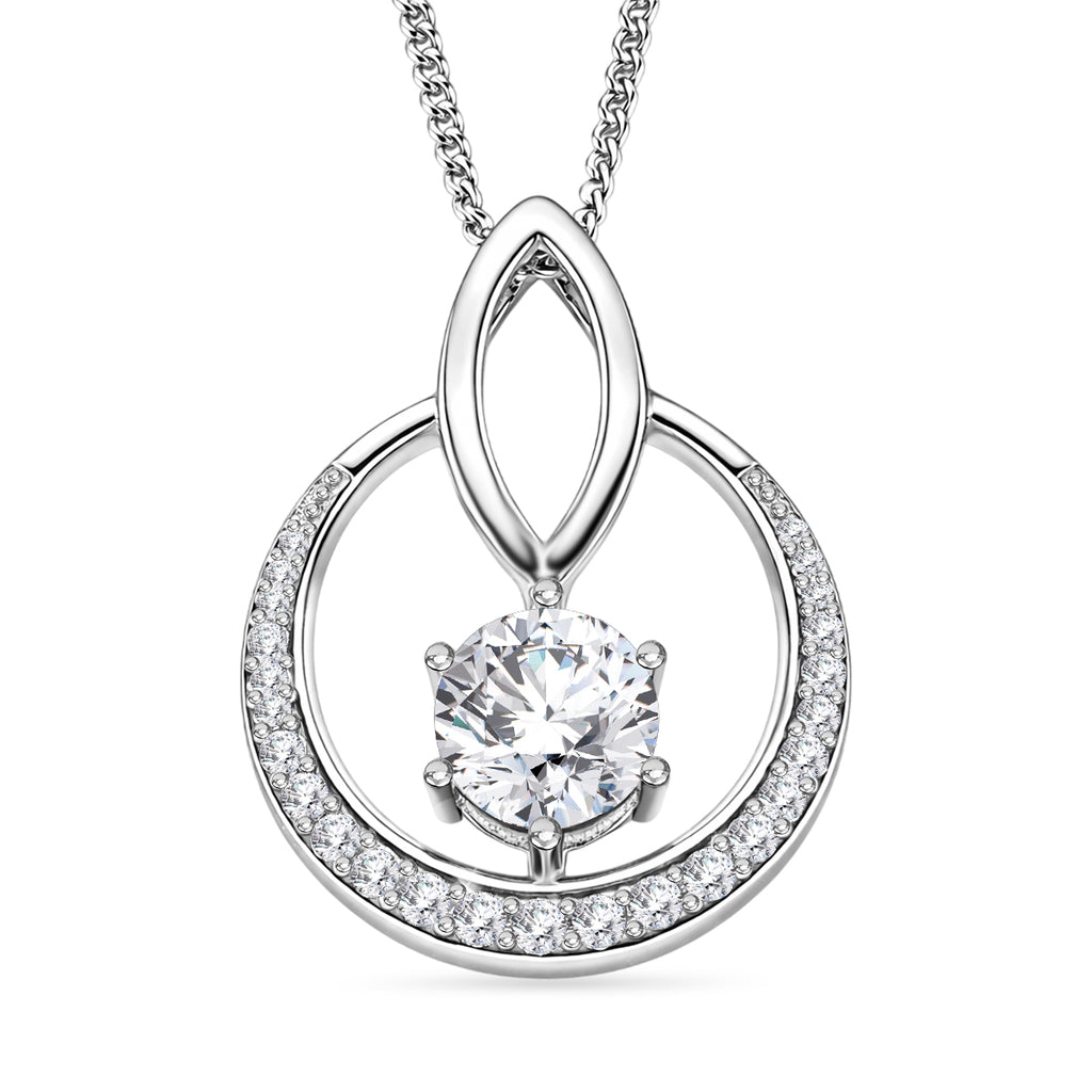Moissanite Circle Drop Pendant with Chain (Size 18) in Rhodium Overlay Sterling Silver 1.00 Ct._4477717