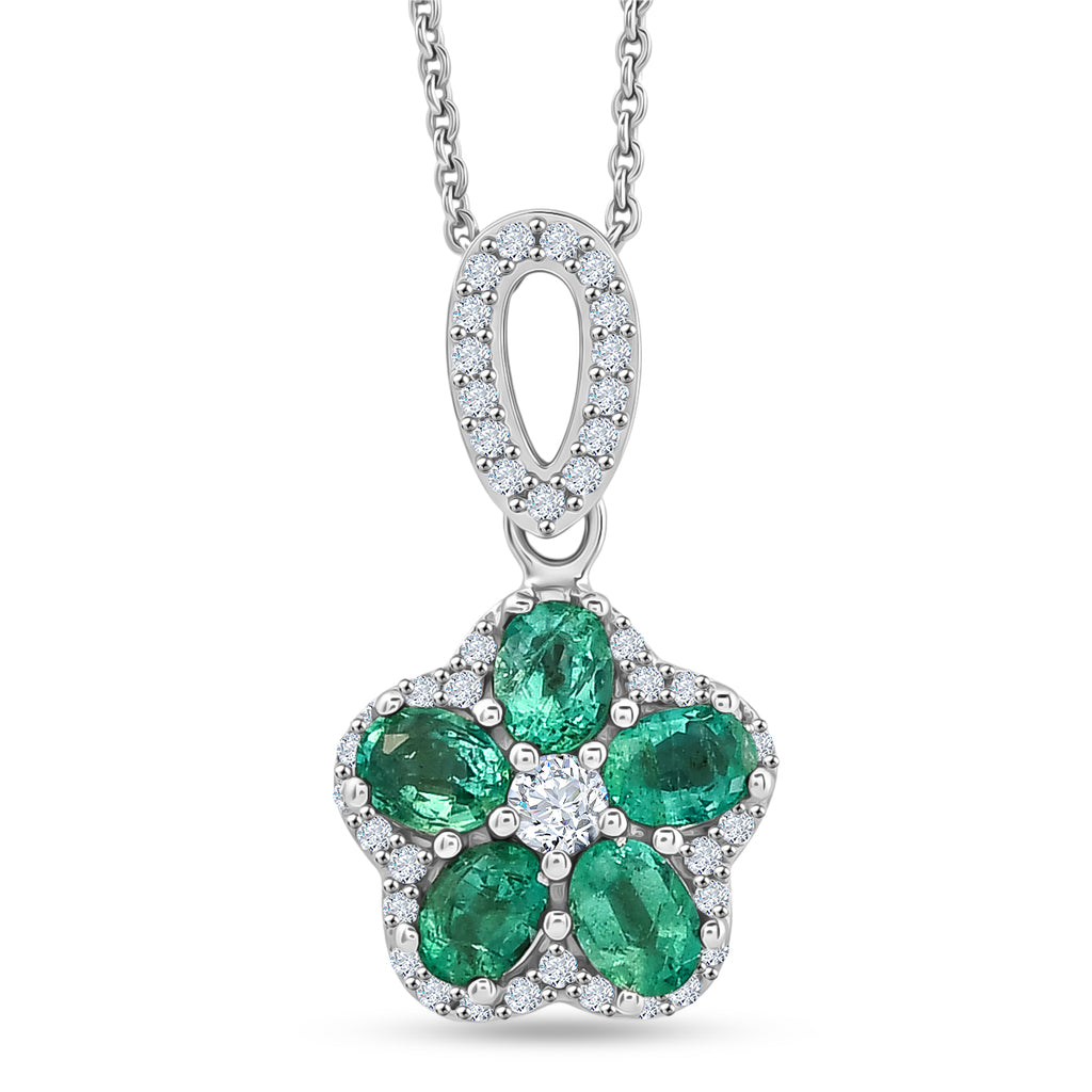 D'Joy - AAA Gemfields Zambian Emerald & White Zircon Floral Pendant with Chain (Size 20) in Rhodium Overlay Sterling Silver 1.25 Ct._4478007
