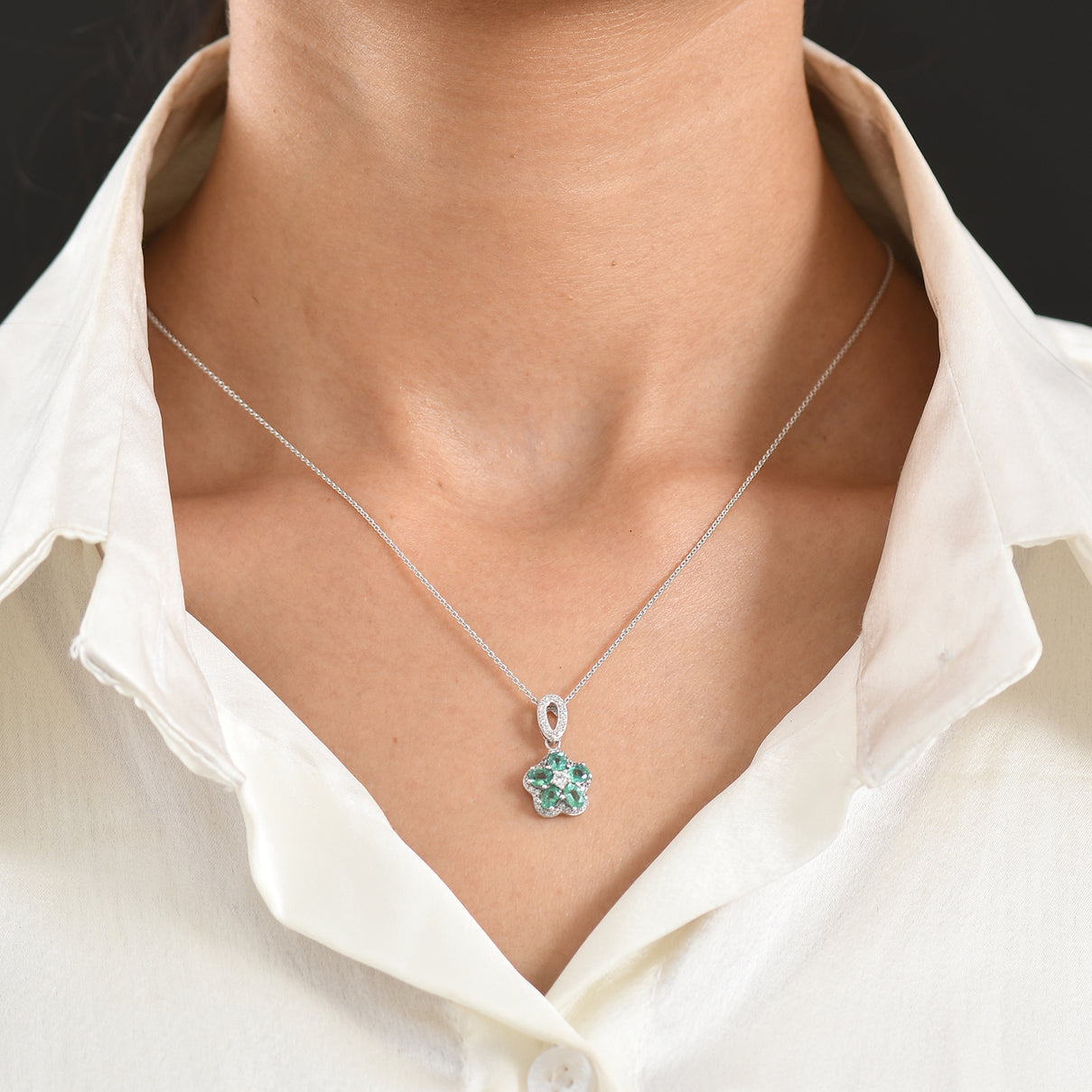 D'Joy - AAA Gemfields Zambian Emerald &amp; White Zircon Floral Pendant with Chain (Size 20) in Rhodium Overlay Sterling Silver 1.25 Ct. 4478007 2