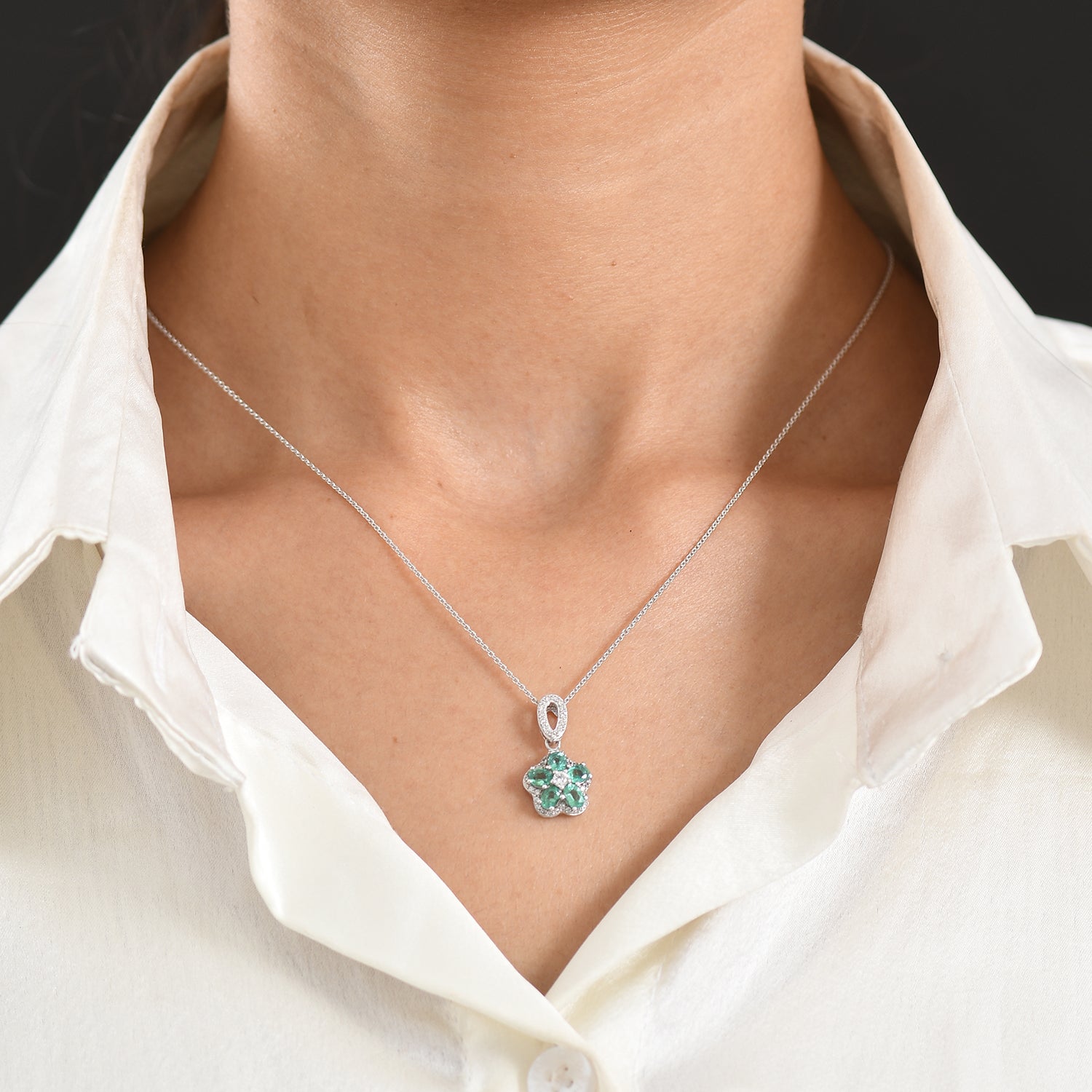 D'Joy - AAA Gemfields Zambian Emerald &amp; White Zircon Floral Pendant with Chain (Size 20) in Rhodium Overlay Sterling Silver 1.25 Ct. 4478007 2