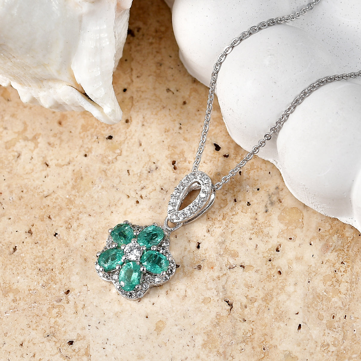 D'Joy - AAA Gemfields Zambian Emerald &amp; White Zircon Floral Pendant with Chain (Size 20) in Rhodium Overlay Sterling Silver 1.25 Ct. 4478007 3