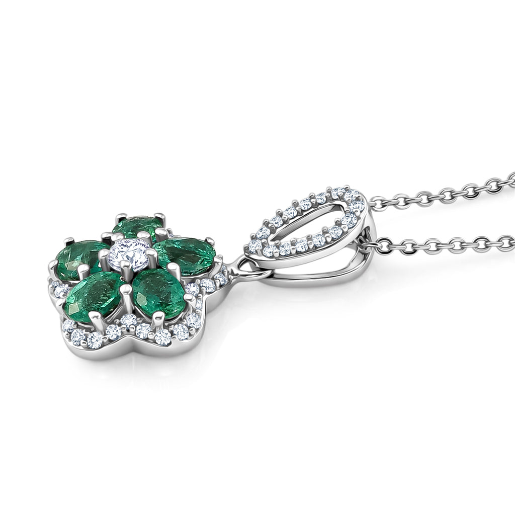 D'Joy - AAA Gemfields Zambian Emerald & White Zircon Floral Pendant with Chain (Size 20) in Rhodium Overlay Sterling Silver 1.25 Ct._4478007_3