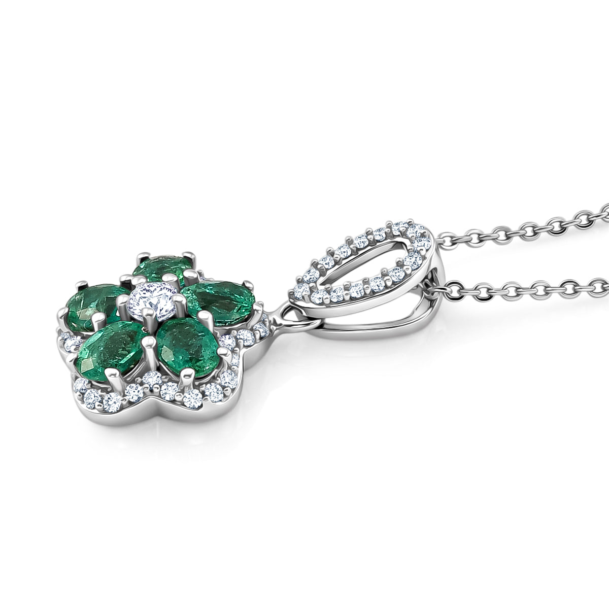 D'Joy - AAA Gemfields Zambian Emerald &amp; White Zircon Floral Pendant with Chain (Size 20) in Rhodium Overlay Sterling Silver 1.25 Ct. 4478007 4