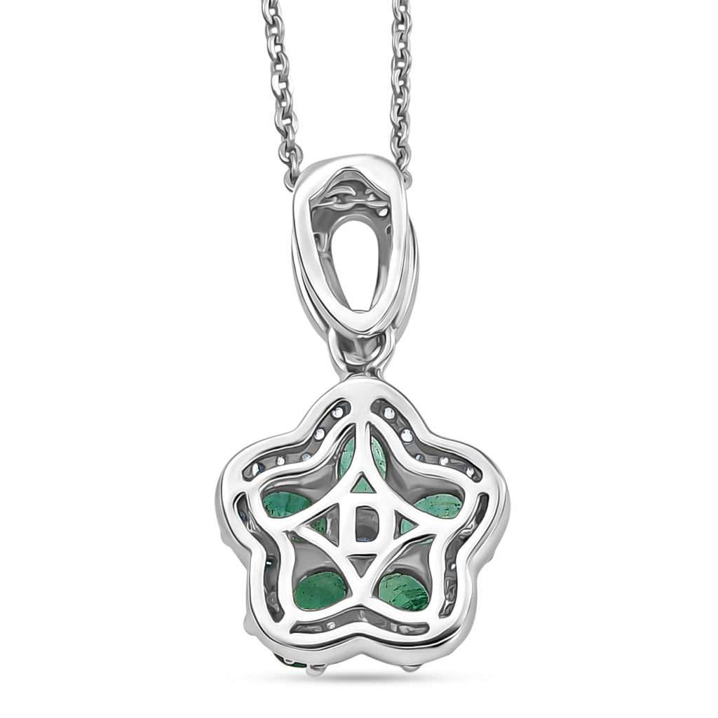 D'Joy - AAA Gemfields Zambian Emerald & White Zircon Floral Pendant with Chain (Size 20) in Rhodium Overlay Sterling Silver 1.25 Ct._4478007_4