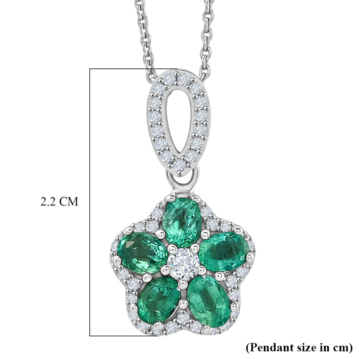 D'Joy - AAA Gemfields Zambian Emerald &amp; White Zircon Floral Pendant with Chain (Size 20) in Rhodium Overlay Sterling Silver 1.25 Ct. 4478007 6