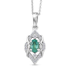 D'Joy - AAA Gemfields Zambian Emerald & White Zircon Vintage Pendant with Chain (Size 20) in Rhodium Overlay Sterling Silver_4478008