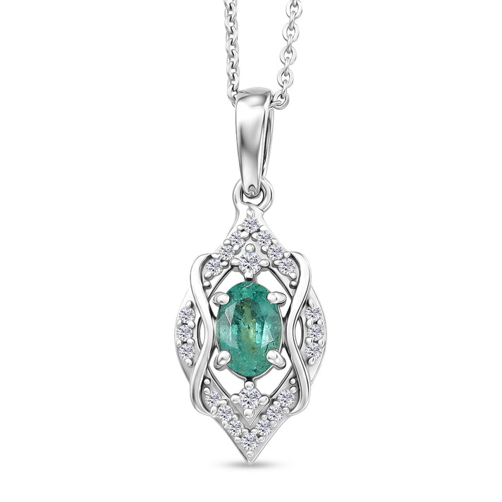 D'Joy - AAA Gemfields Zambian Emerald &amp; White Zircon Vintage Pendant with Chain (Size 20) in Rhodium Overlay Sterling Silver 4478008 1