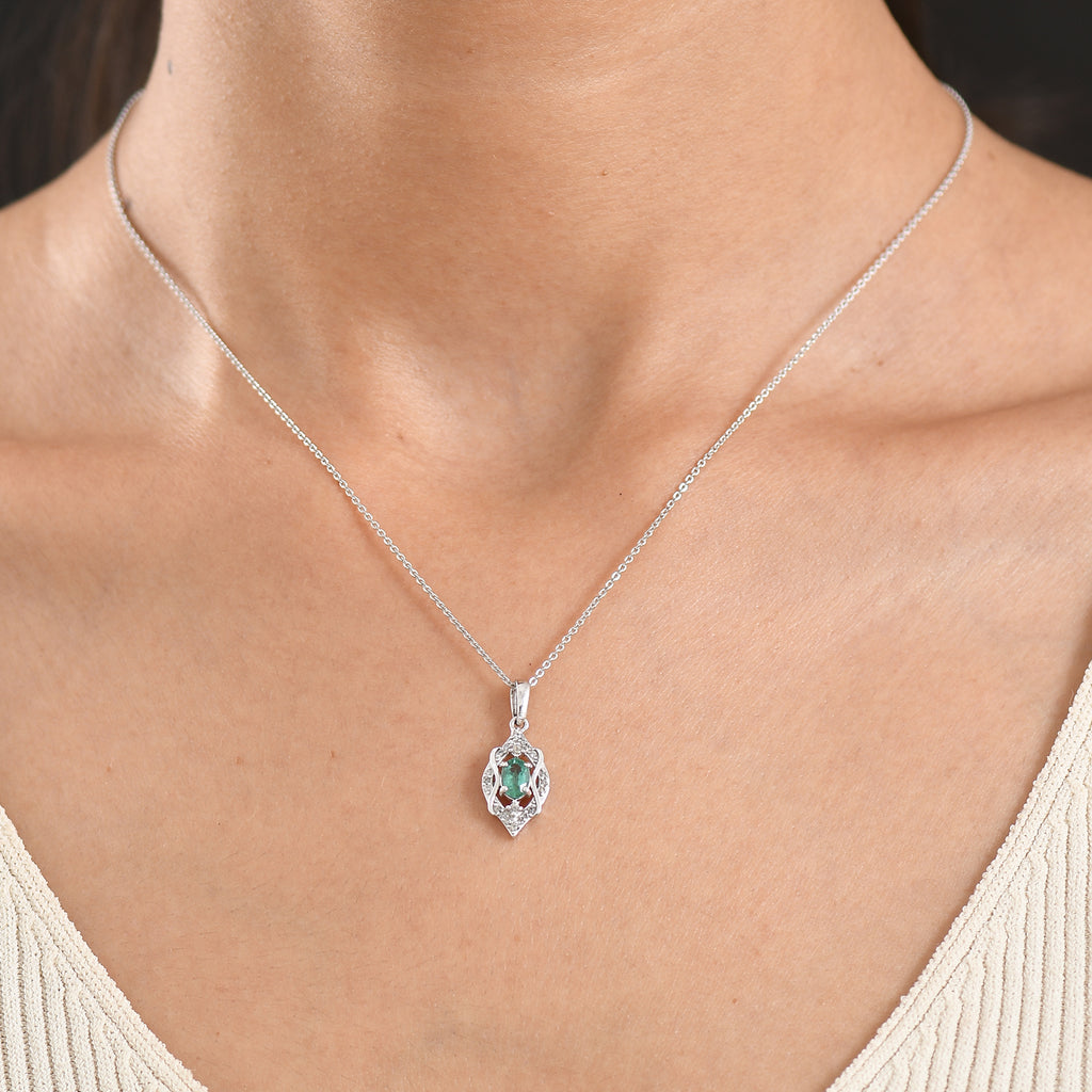 D'Joy - AAA Gemfields Zambian Emerald & White Zircon Vintage Pendant with Chain (Size 20) in Rhodium Overlay Sterling Silver_4478008_1