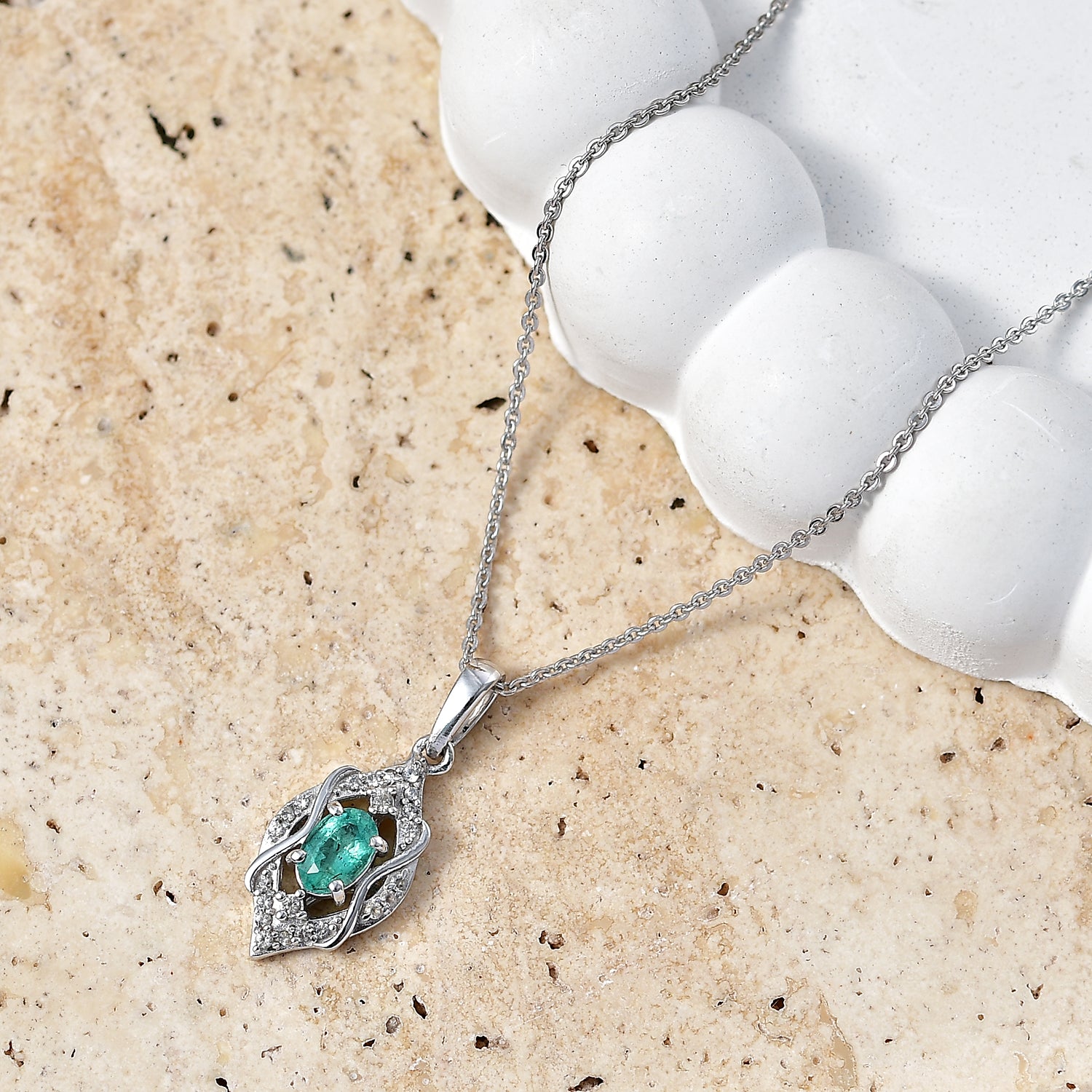 D'Joy - AAA Gemfields Zambian Emerald &amp; White Zircon Vintage Pendant with Chain (Size 20) in Rhodium Overlay Sterling Silver 4478008 3