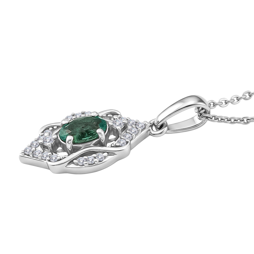 D'Joy - AAA Gemfields Zambian Emerald & White Zircon Vintage Pendant with Chain (Size 20) in Rhodium Overlay Sterling Silver_4478008_3