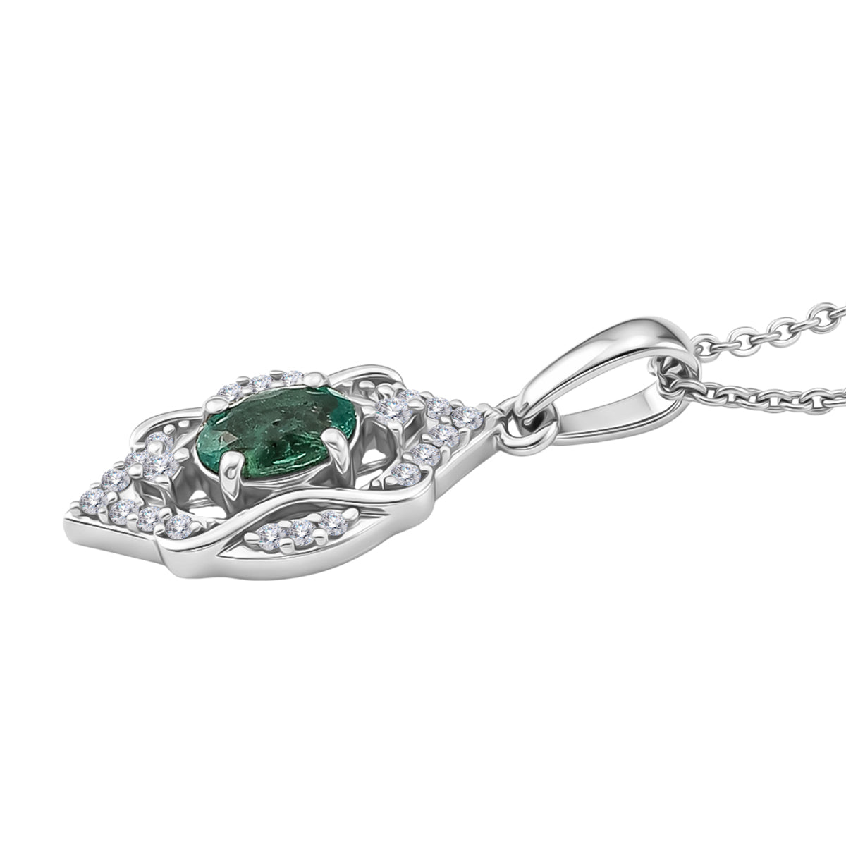 D'Joy - AAA Gemfields Zambian Emerald &amp; White Zircon Vintage Pendant with Chain (Size 20) in Rhodium Overlay Sterling Silver 4478008 4