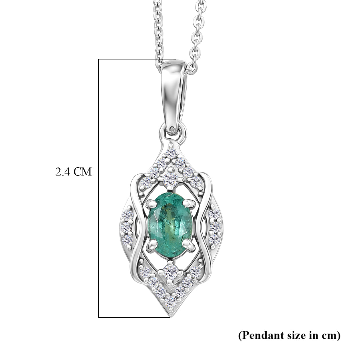 D'Joy - AAA Gemfields Zambian Emerald &amp; White Zircon Vintage Pendant with Chain (Size 20) in Rhodium Overlay Sterling Silver 4478008 7