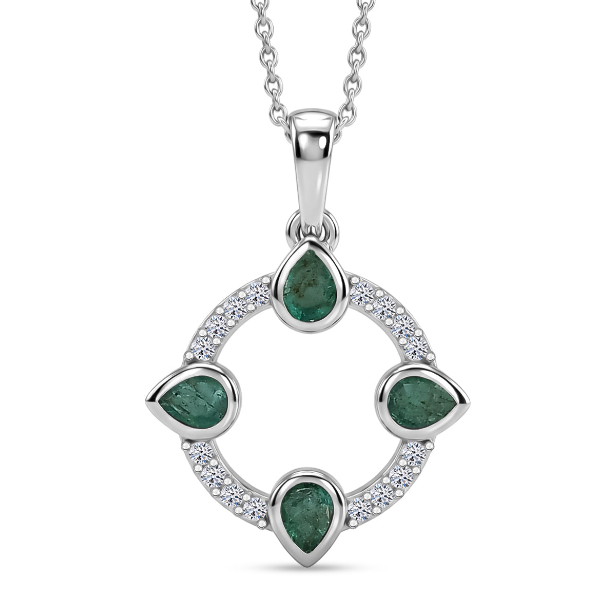 Luxuriant - AAA Gemfields Zambian Emerald &amp; Lab Grown Diamond (SI-G-H) Pendant with Chain (Size 20) in Rhodium Overlay Sterling Silver 0.75 Ct. 4478012 0