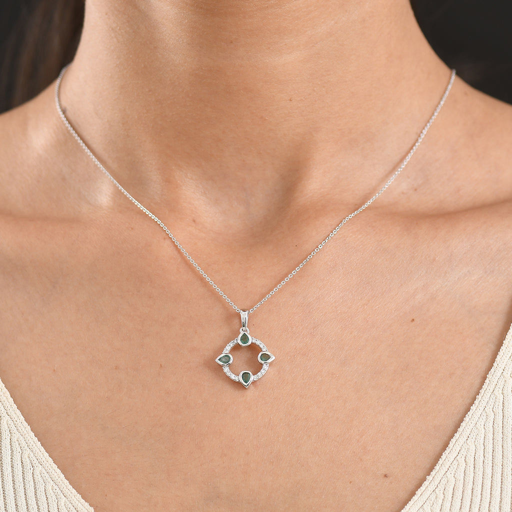 Luxuriant - AAA Gemfields Zambian Emerald & Lab Grown Diamond (SI/G-H) Pendant with Chain (Size 20) in Rhodium Overlay Sterling Silver 0.75 Ct._4478012_1