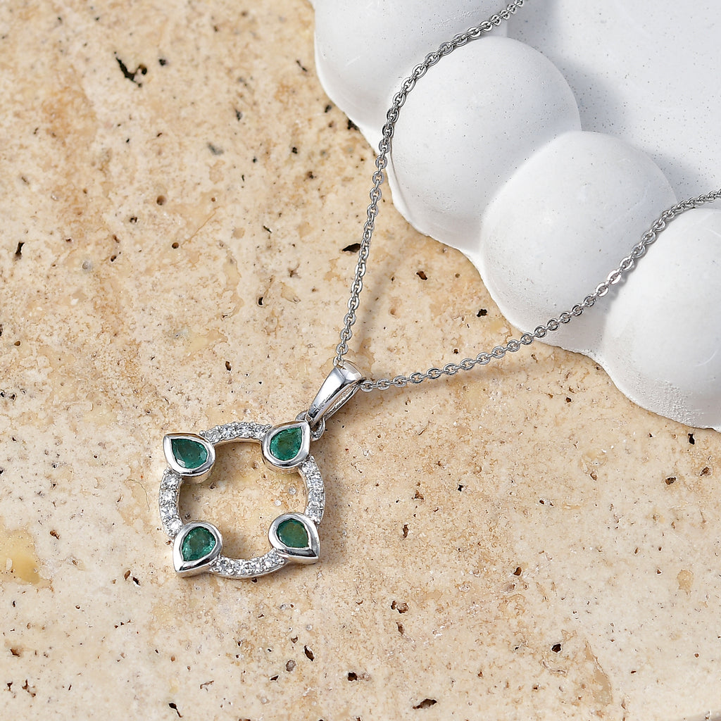 Luxuriant - AAA Gemfields Zambian Emerald & Lab Grown Diamond (SI/G-H) Pendant with Chain (Size 20) in Rhodium Overlay Sterling Silver 0.75 Ct._4478012_2