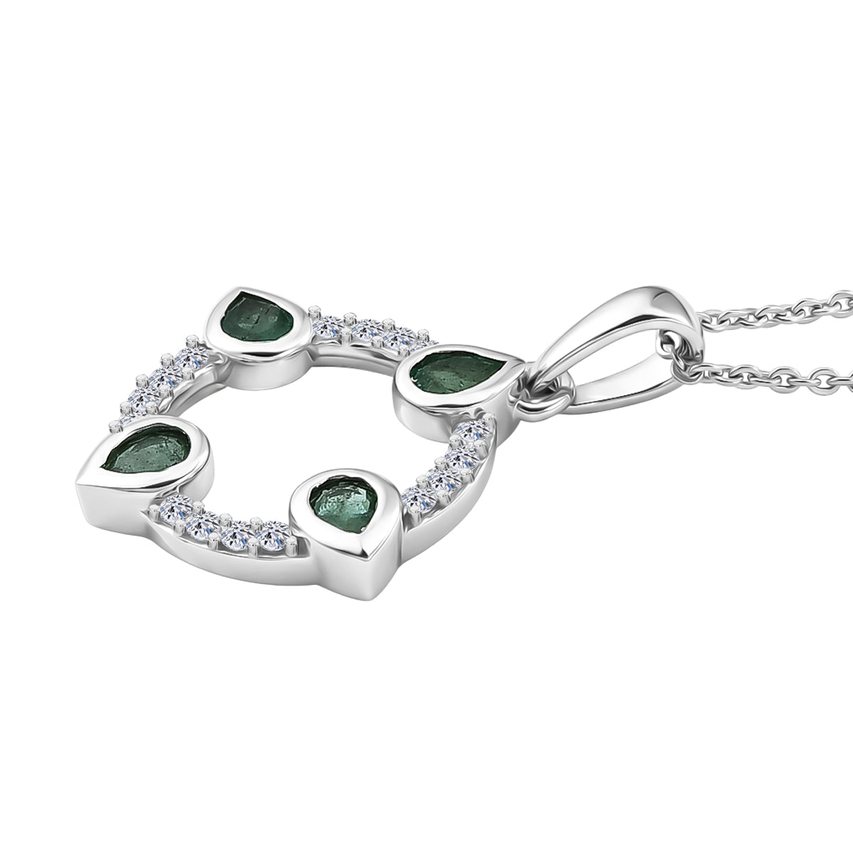 Luxuriant - AAA Gemfields Zambian Emerald &amp; Lab Grown Diamond (SI-G-H) Pendant with Chain (Size 20) in Rhodium Overlay Sterling Silver 0.75 Ct. 4478012 4