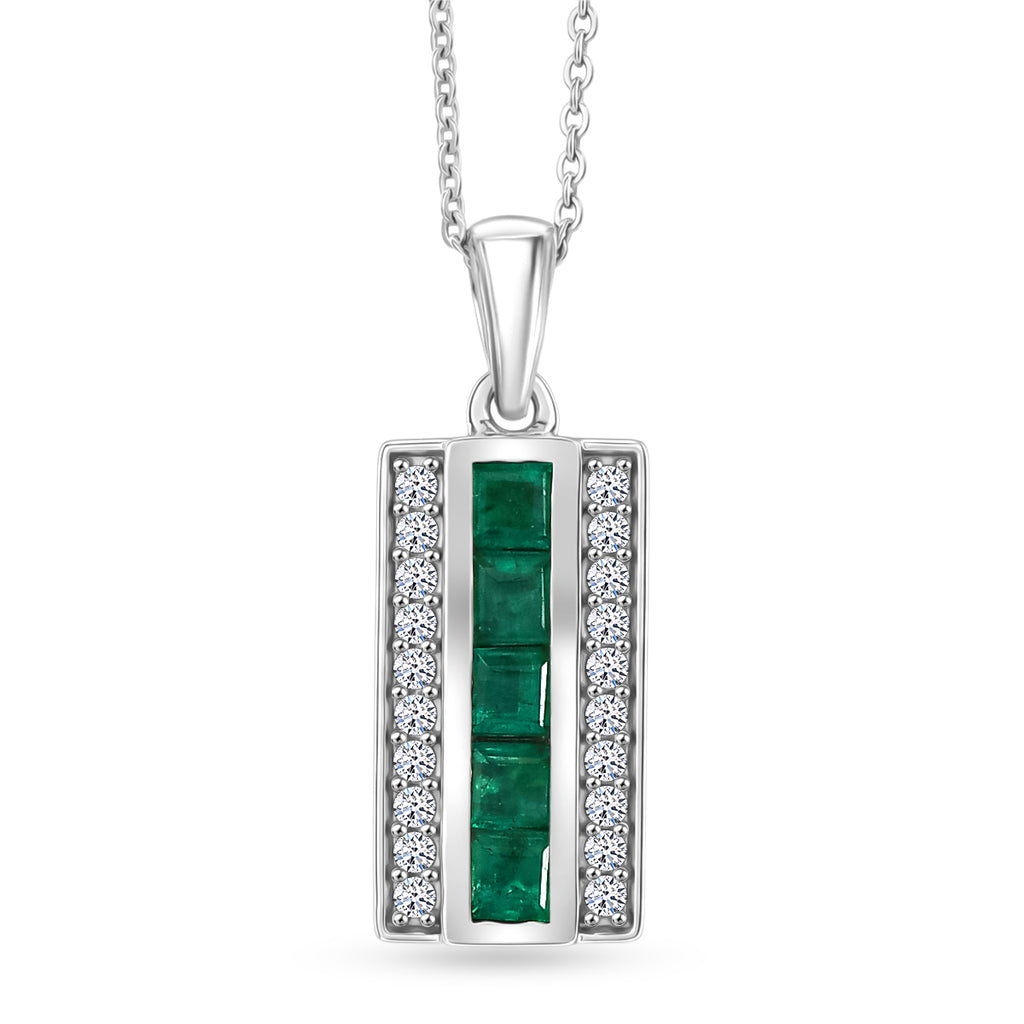 Luxuriant - AAA Gemfields Zambian Emerald & Lab Grown Diamond (SI/G-H) Channel Bar Pendant with Chain (Size 20) in Rhodium Overlay Sterling Silver_4478013