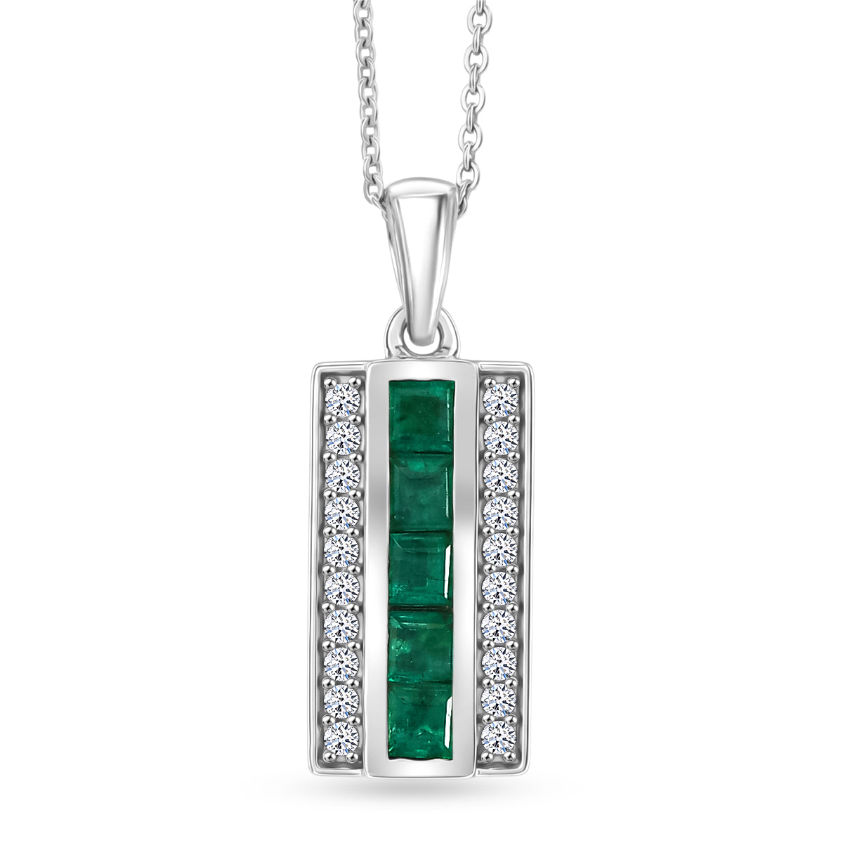 Luxuriant - AAA Gemfields Zambian Emerald &amp; Lab Grown Diamond (SI-G-H) Channel Bar Pendant with Chain (Size 20) in Rhodium Overlay Sterling Silver 4478013 0