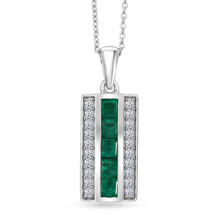 Luxuriant - AAA Gemfields Zambian Emerald &amp; Lab Grown Diamond (SI-G-H) Channel Bar Pendant with Chain (Size 20) in Rhodium Overlay Sterling Silver 4478013 1