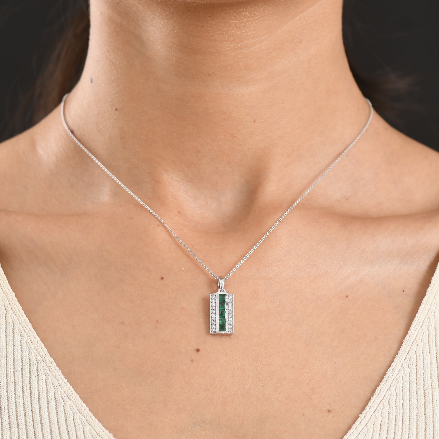 Luxuriant - AAA Gemfields Zambian Emerald &amp; Lab Grown Diamond (SI-G-H) Channel Bar Pendant with Chain (Size 20) in Rhodium Overlay Sterling Silver 4478013 2