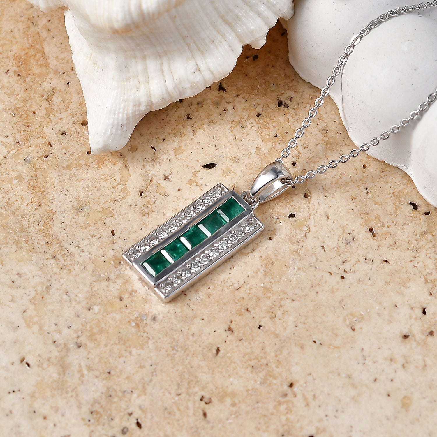 Luxuriant - AAA Gemfields Zambian Emerald &amp; Lab Grown Diamond (SI-G-H) Channel Bar Pendant with Chain (Size 20) in Rhodium Overlay Sterling Silver 4478013 3