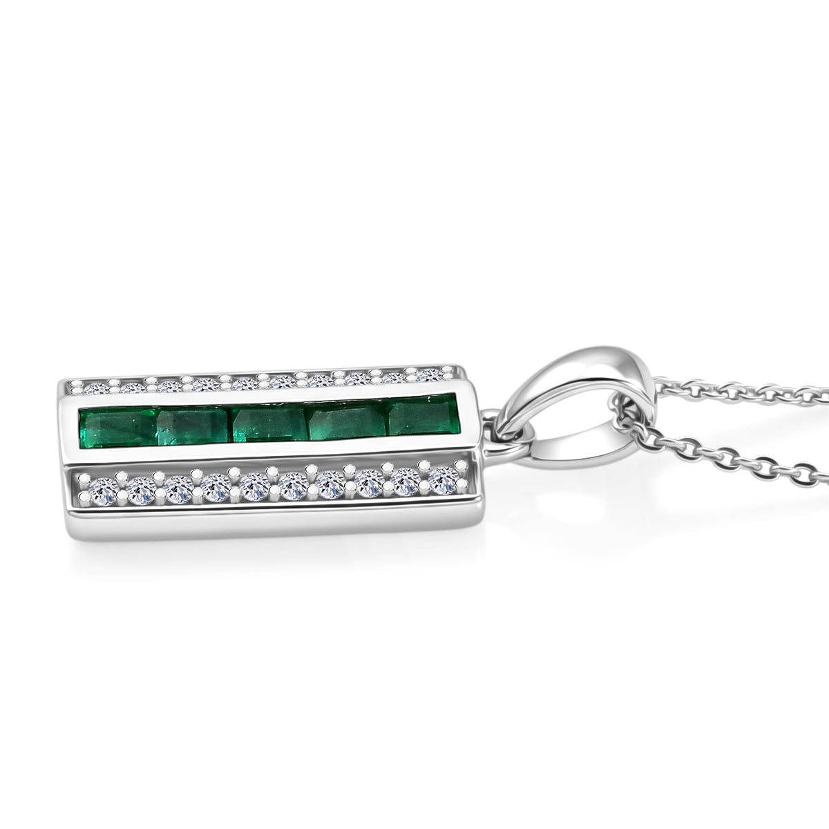 Luxuriant - AAA Gemfields Zambian Emerald &amp; Lab Grown Diamond (SI-G-H) Channel Bar Pendant with Chain (Size 20) in Rhodium Overlay Sterling Silver 4478013 4