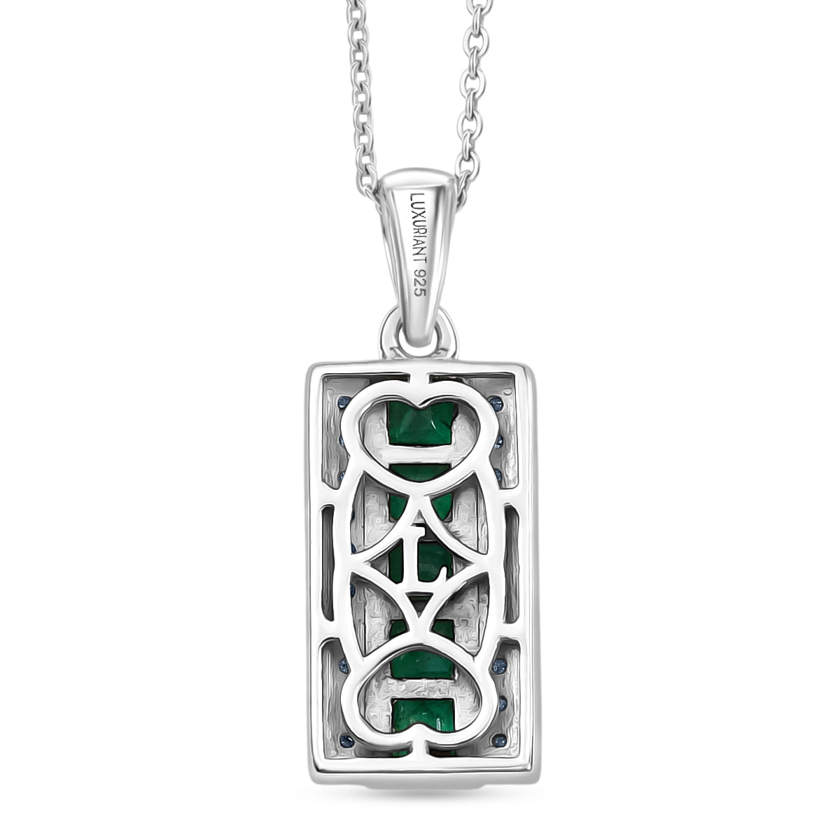 Luxuriant - AAA Gemfields Zambian Emerald &amp; Lab Grown Diamond (SI-G-H) Channel Bar Pendant with Chain (Size 20) in Rhodium Overlay Sterling Silver 4478013 5