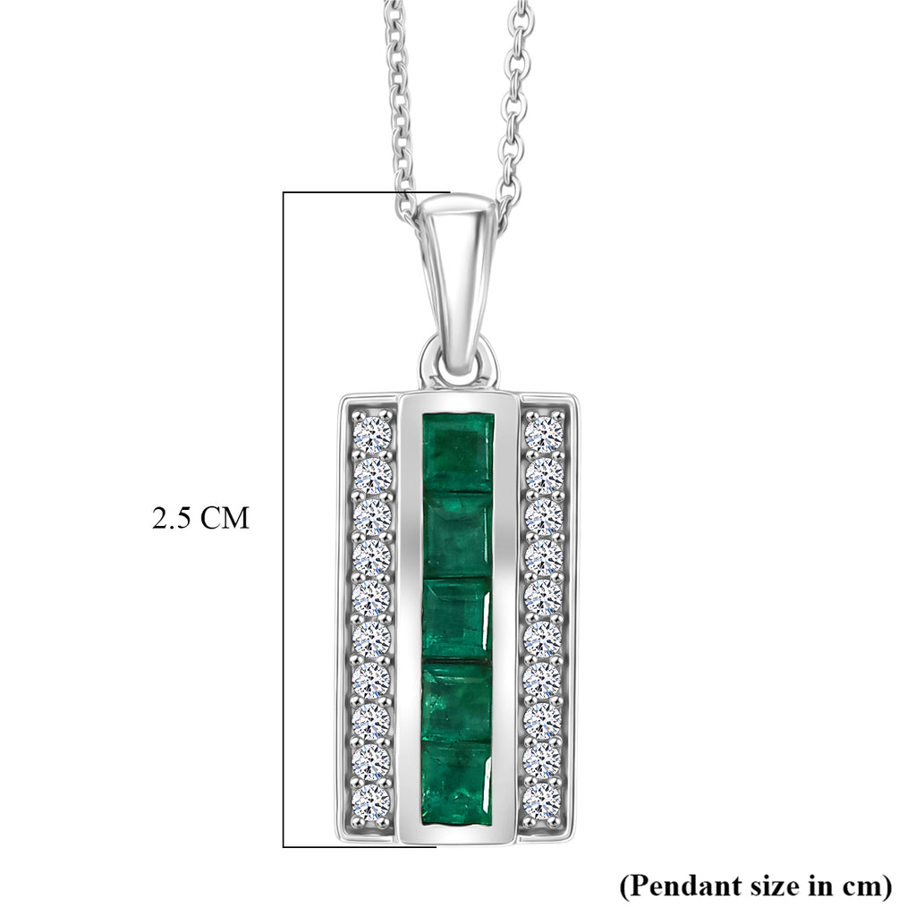 Luxuriant - AAA Gemfields Zambian Emerald & Lab Grown Diamond (SI/G-H) Channel Bar Pendant with Chain (Size 20) in Rhodium Overlay Sterling Silver_4478013_5