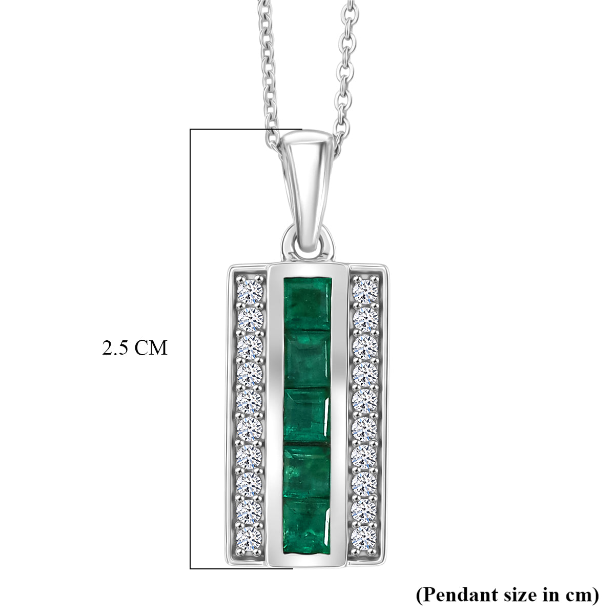 Luxuriant - AAA Gemfields Zambian Emerald &amp; Lab Grown Diamond (SI-G-H) Channel Bar Pendant with Chain (Size 20) in Rhodium Overlay Sterling Silver 4478013 6