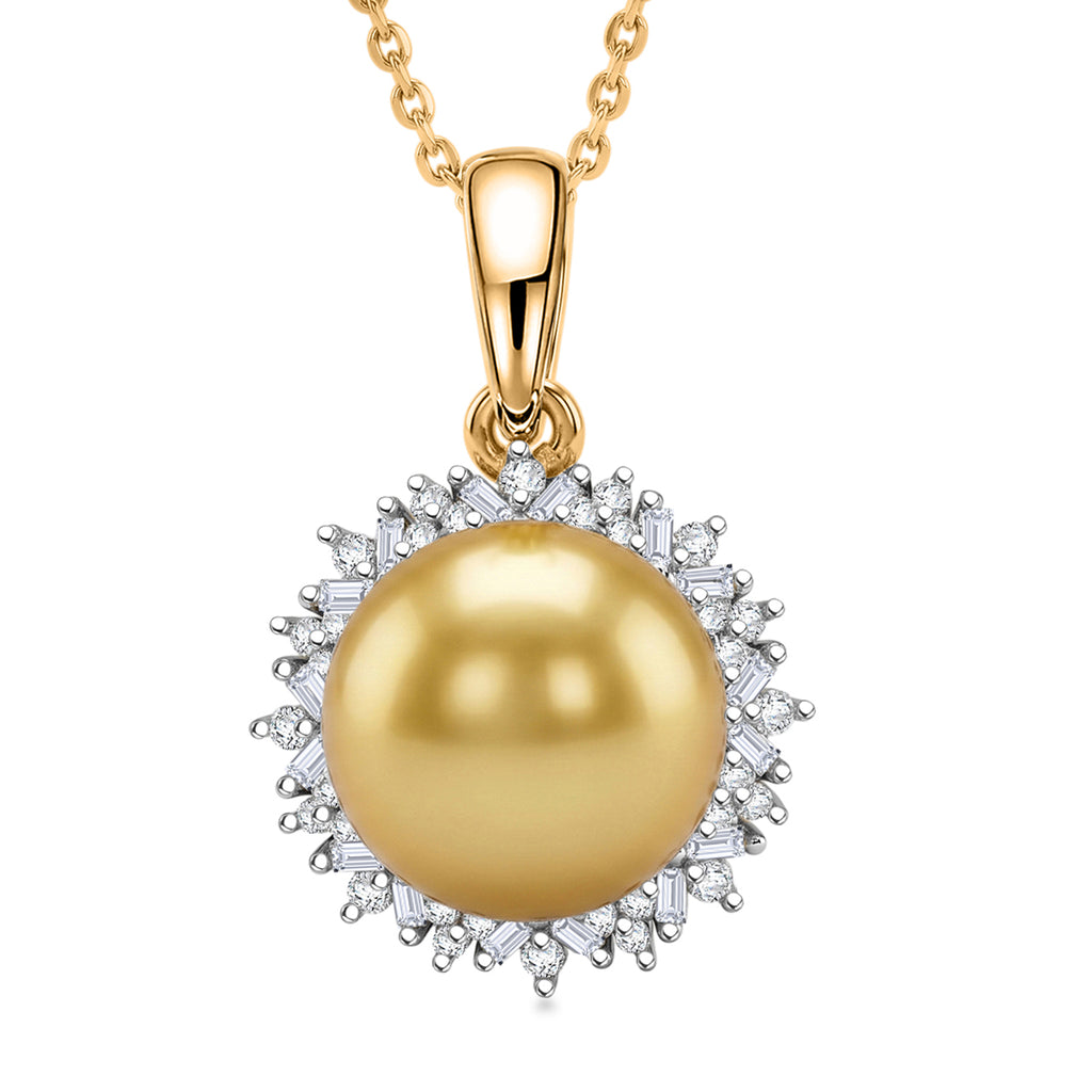 Royal Bali Collection - AAA Golden South Sea Pearl (9-11mm) & Natural White Diamond Halo Pendant with Chain (Size 20) in 18K Vermeil Yellow Gold Plated Sterling Silver_4478015