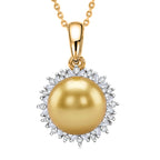 Royal Bali Collection - AAA Golden South Sea Pearl (9-11mm) & Natural White Diamond Halo Pendant with Chain (Size 20) in 18K Vermeil Yellow Gold Plated Sterling Silver_4478015