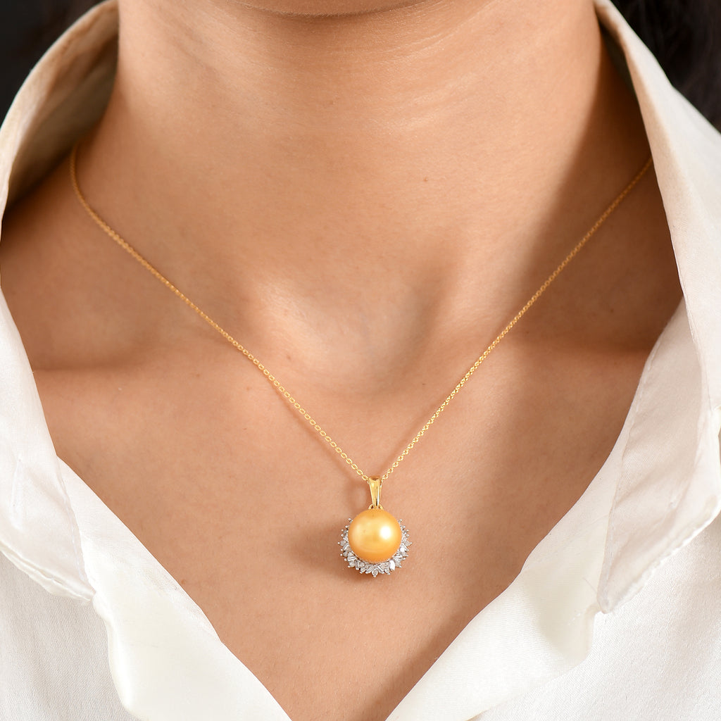 Royal Bali Collection - AAA Golden South Sea Pearl (9-11mm) & Natural White Diamond Halo Pendant with Chain (Size 20) in 18K Vermeil Yellow Gold Plated Sterling Silver_4478015_1
