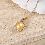 Royal Bali Collection - AAA Golden South Sea Pearl (9-11mm) & Natural White Diamond Halo Pendant with Chain (Size 20) in 18K Vermeil Yellow Gold Plated Sterling Silver_4478015_2
