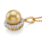 Royal Bali Collection - AAA Golden South Sea Pearl (9-11mm) & Natural White Diamond Halo Pendant with Chain (Size 20) in 18K Vermeil Yellow Gold Plated Sterling Silver_4478015_3