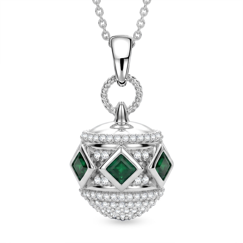 D'Joy - AAA Premium Zambian Emerald & White Zircon Orb Pendant with Chain (Size 20) in Rhodium Overlay Sterling Silver 1.00 Ct._4478035