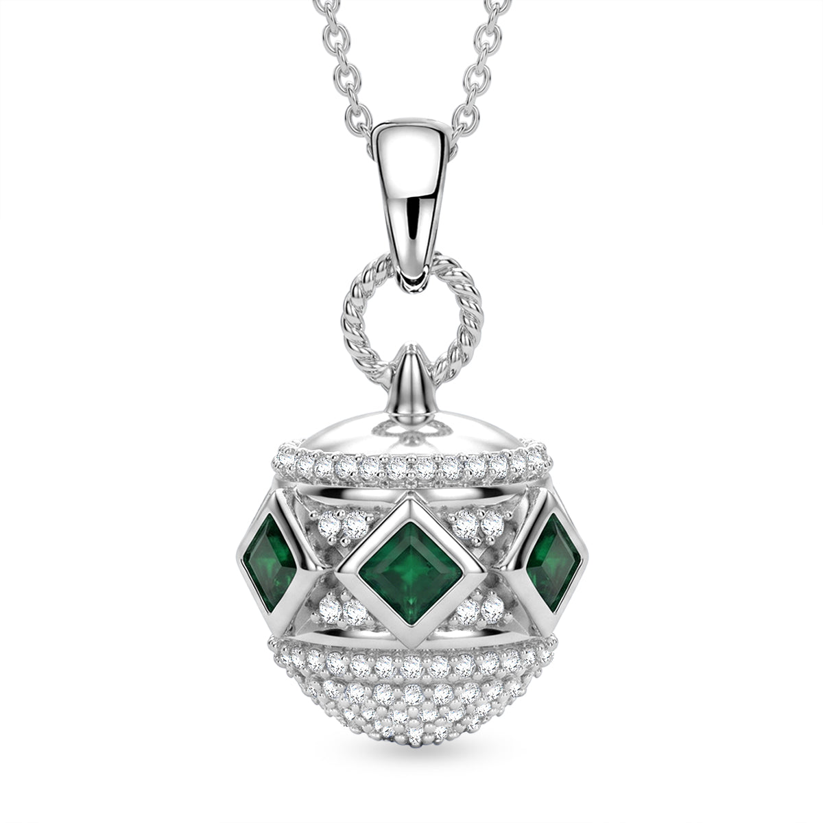 D'Joy - AAA Premium Zambian Emerald &amp; White Zircon Orb Pendant with Chain (Size 20) in Rhodium Overlay Sterling Silver 1.00 Ct. V32513790 0