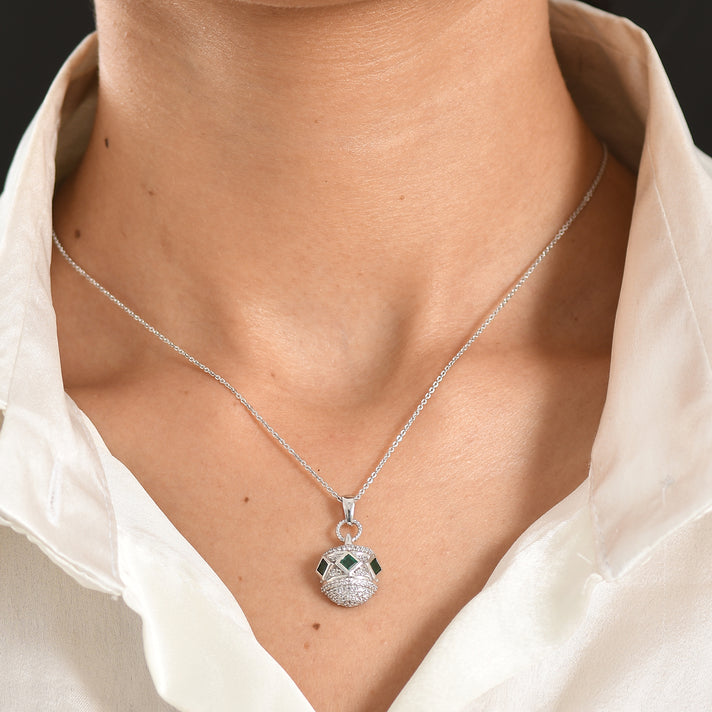 D'Joy - AAA Premium Zambian Emerald &amp; White Zircon Orb Pendant with Chain (Size 20) in Rhodium Overlay Sterling Silver 1.00 Ct. 4478035 2