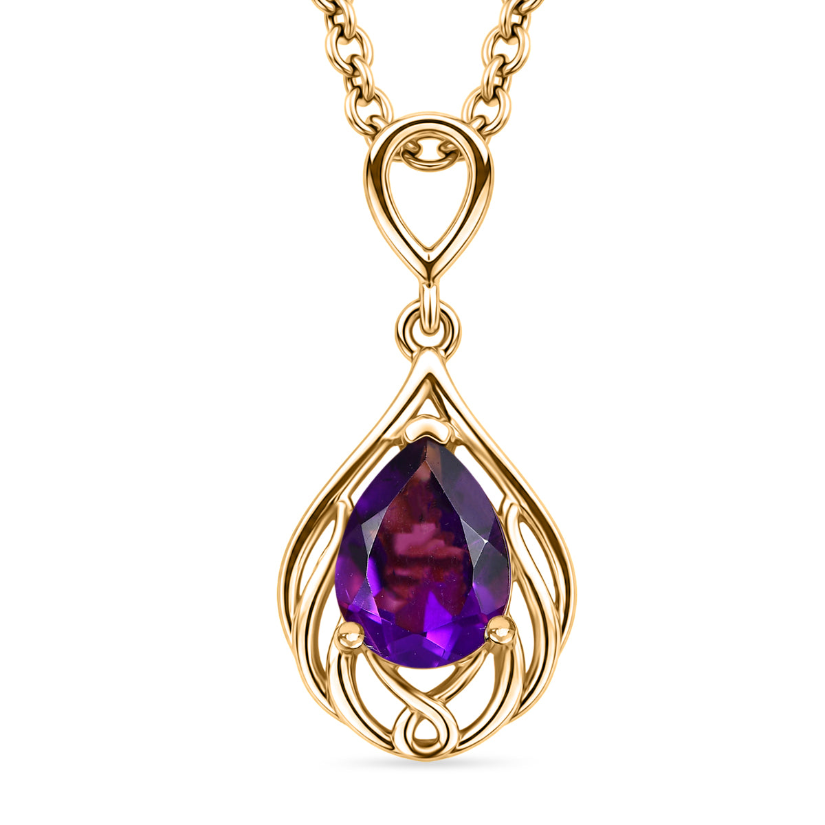D'Joy - AAA Zambian Amethyst Pear Scroll Pendant in Yellow Gold Plated Sterling Silver with Chain (Size 20) 1.00 Ct. V32568644 0