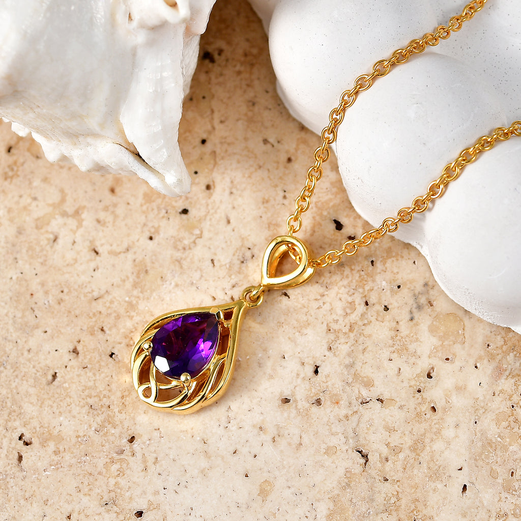 D'Joy - AAA Zambian Amethyst Pear Scroll Pendant in Yellow Gold Plated Sterling Silver with Chain (Size 20) 1.00 Ct._4478073_2