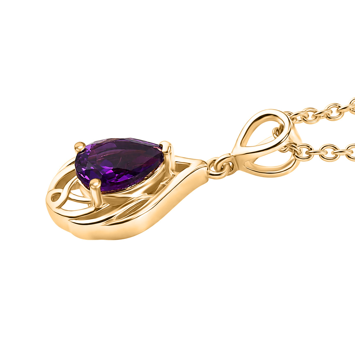 D'Joy - AAA Zambian Amethyst Pear Scroll Pendant in Yellow Gold Plated Sterling Silver with Chain (Size 20) 1.00 Ct. V32568644 4