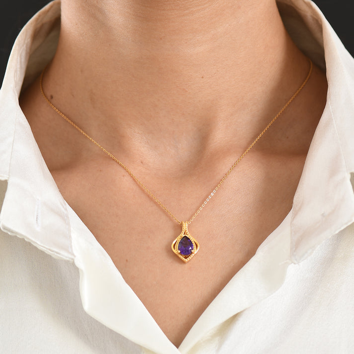 D'Joy - AAA Zambian Amethyst Solitaire Pendant with Chain (Size 20) in Yellow Gold Plated Sterling Silver 1.50 Ct. 4478074 2