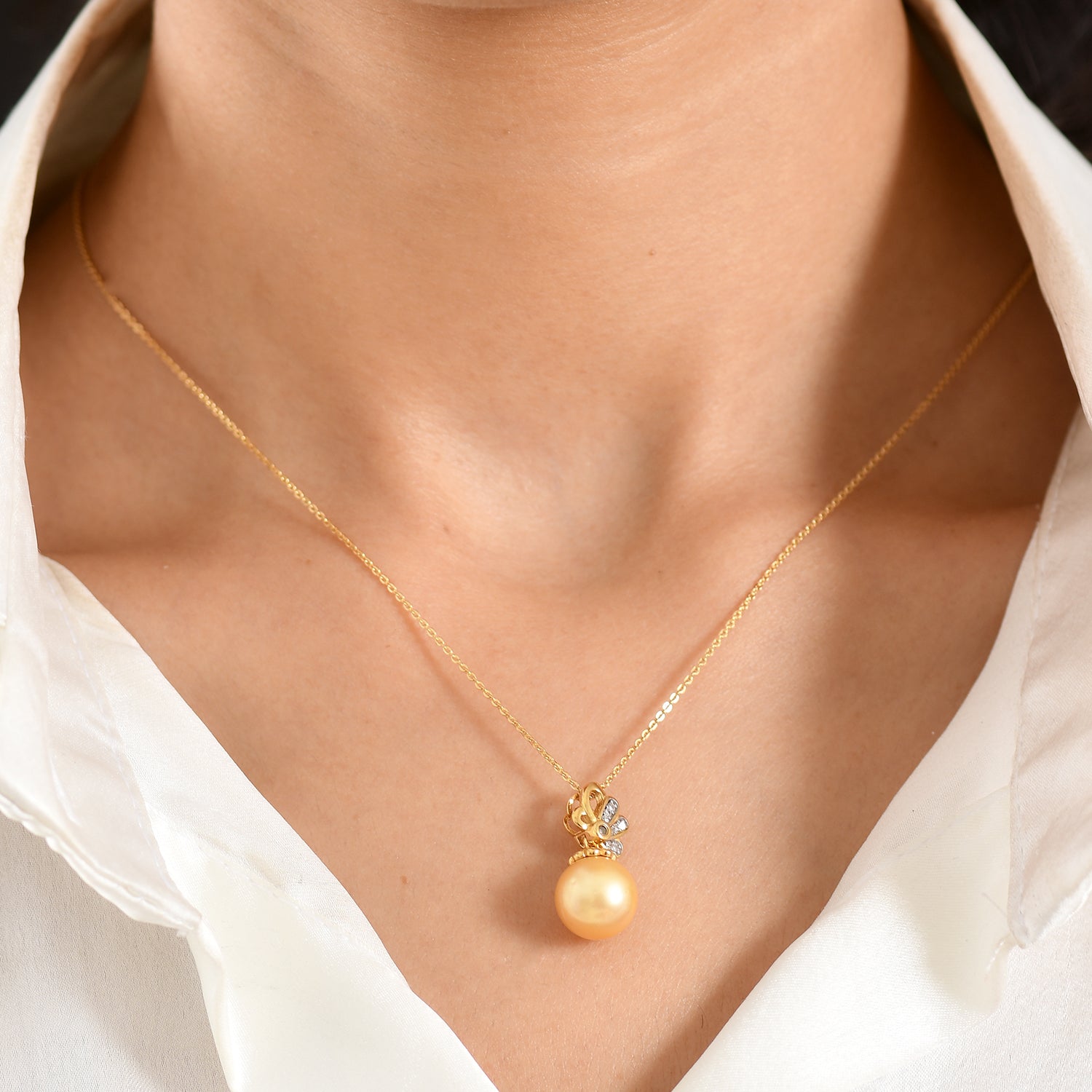 Luxuriant - AAA Golden South Sea Pearl (9-11mm) &amp; Lab Grown Diamond (SI/G-H) Drop Pendant with Chain (Size 20) in 18K Vermeil Yellow Gold Plated Sterling Silver V32526106 2