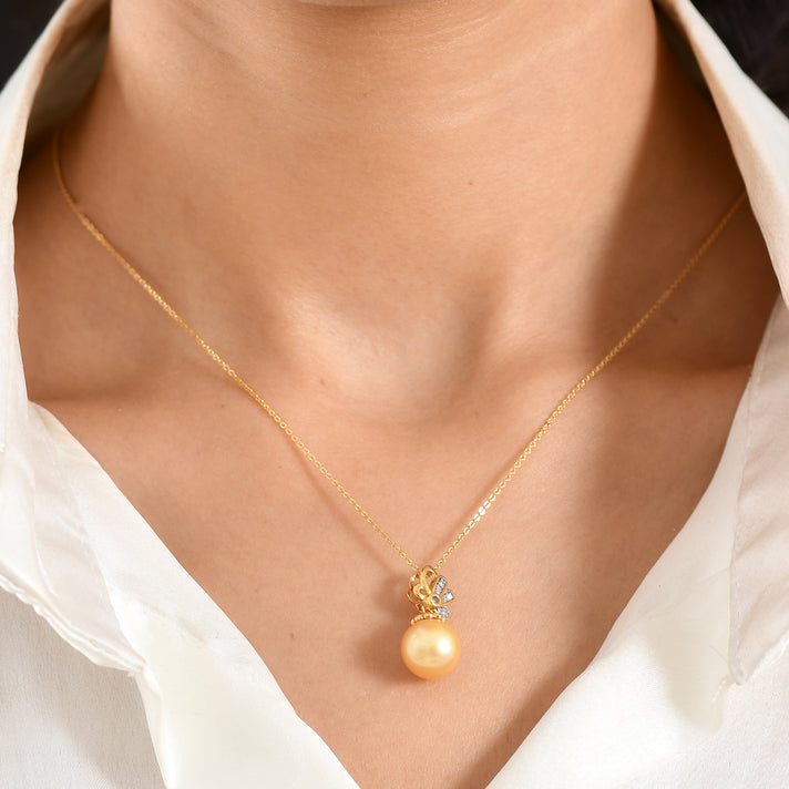 Luxuriant - AAA Golden South Sea Pearl (9-11mm) &amp; Lab Grown Diamond (SI-G-H) Drop Pendant with Chain (Size 20) in 18K Vermeil Yellow Gold Plated Sterling Silver 4478141 2