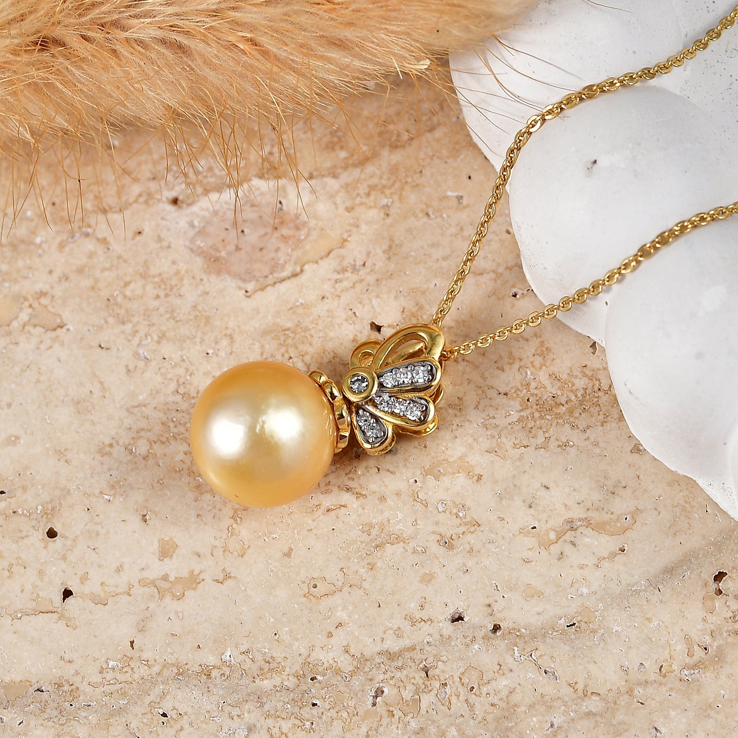 Luxuriant - AAA Golden South Sea Pearl (9-11mm) &amp; Lab Grown Diamond (SI/G-H) Drop Pendant with Chain (Size 20) in 18K Vermeil Yellow Gold Plated Sterling Silver V32526106 3