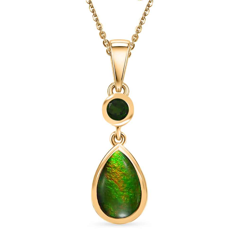 D'Joy - Ammolite & Natural Chrome Diopside Drop Pendant with Chain (Size 20) in 18K Vermeil Yellow Gold Plated Sterling Silver 1.40 Ct._4478447