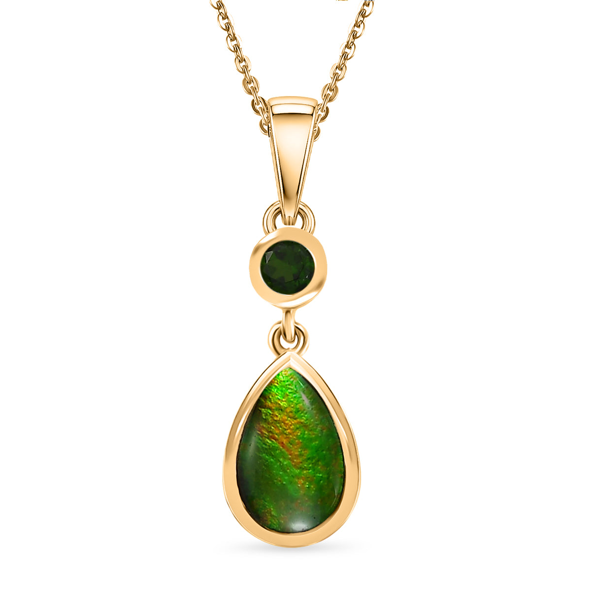 D'Joy - Ammolite &amp; Natural Chrome Diopside Drop Pendant with Chain (Size 20) in 18K Vermeil Yellow Gold Plated Sterling Silver 1.40 Ct. V32519196 0